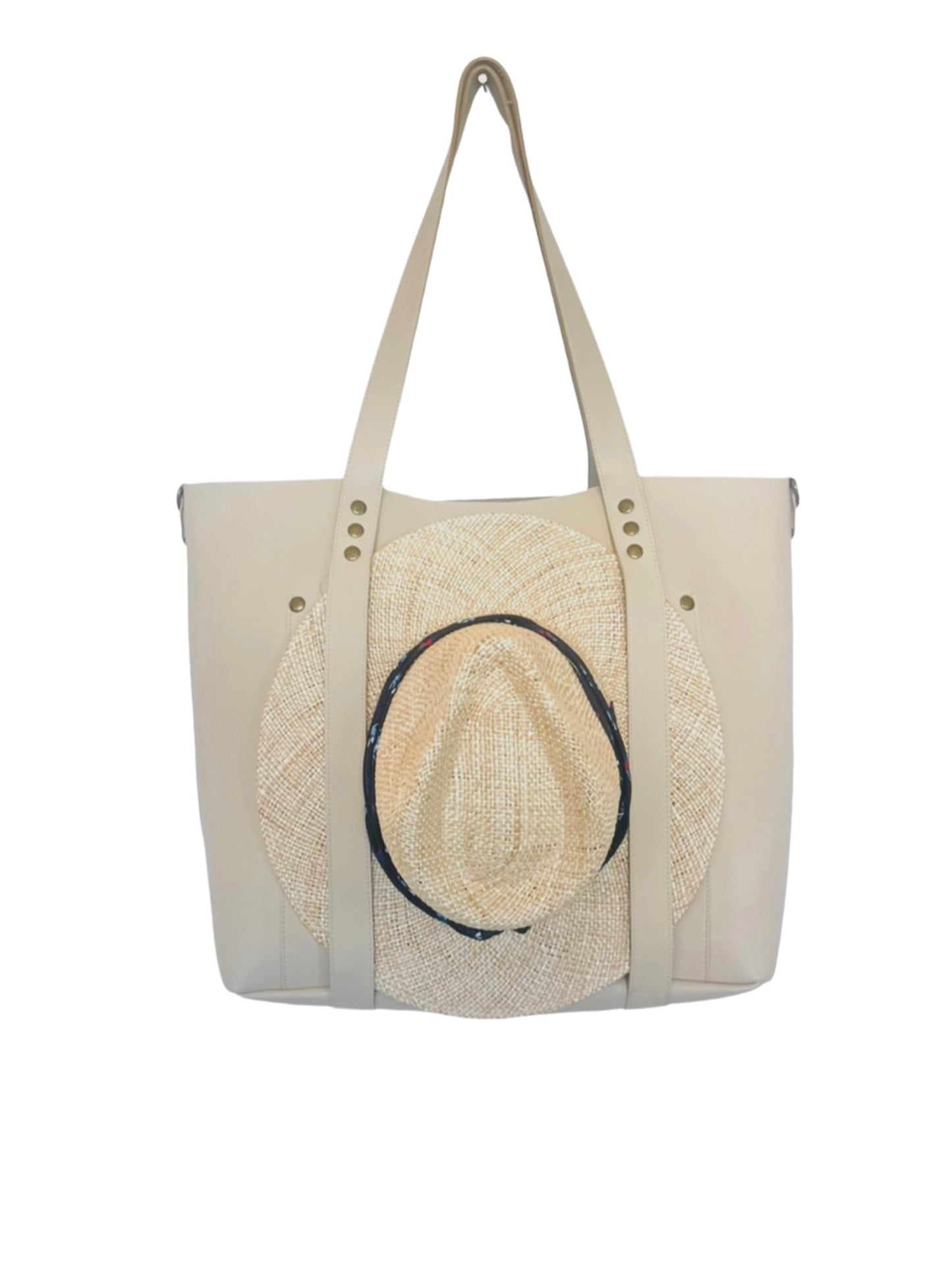 the everywhere tote ivory with hat on front